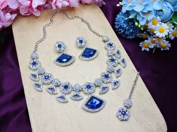 Blue rhodium premium designer american diamond and stone work necklace set 2