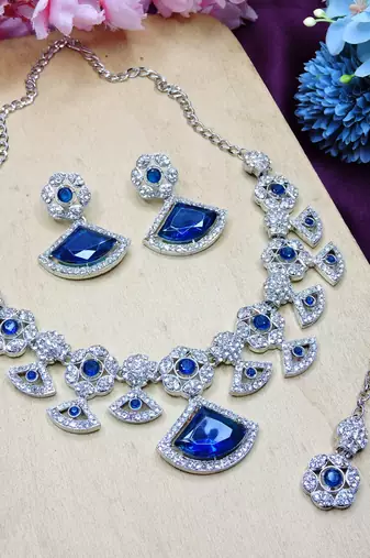Blue rhodium premium designer american diamond and stone work necklace set