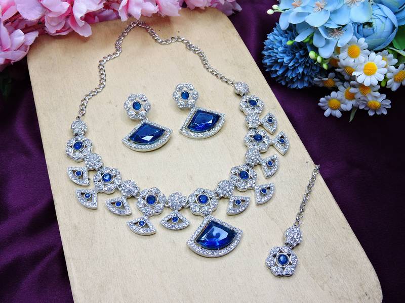 Blue rhodium premium designer american diamond and stone work necklace set