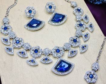 Blue rhodium premium designer american diamond and stone work necklace set 3