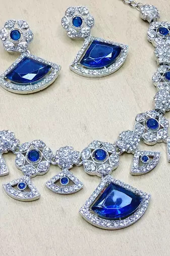 Blue rhodium premium designer american diamond and stone work necklace set
