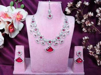 Pink rhodium premium designer american diamond and stone work necklace set 1