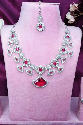 Pink rhodium premium designer american diamond and stone work necklace set