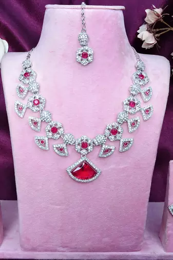 Pink rhodium premium designer american diamond and stone work necklace set