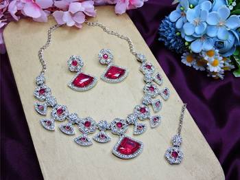 Pink rhodium premium designer american diamond and stone work necklace set 2
