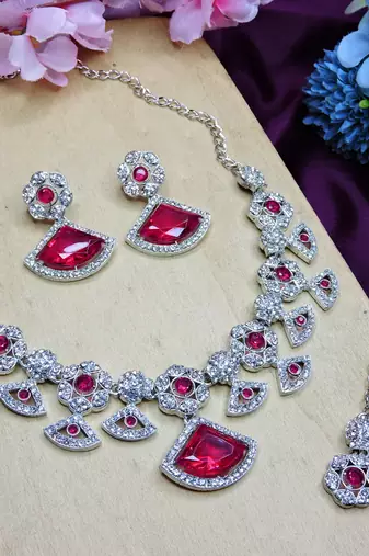 Pink rhodium premium designer american diamond and stone work necklace set