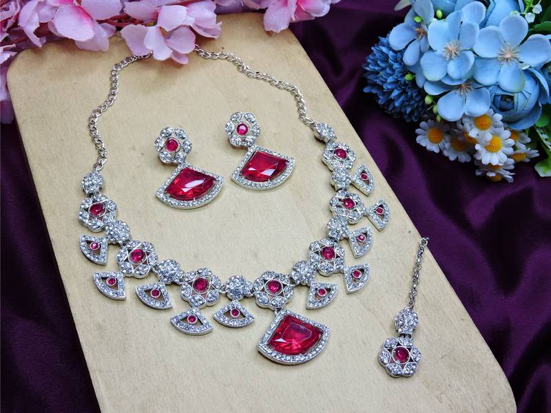 Pink rhodium premium designer american diamond and stone work necklace set