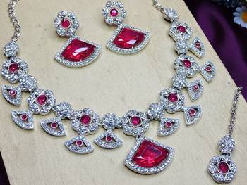 Pink rhodium premium designer american diamond and stone work necklace set 3