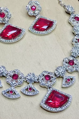 Pink rhodium premium designer american diamond and stone work necklace set