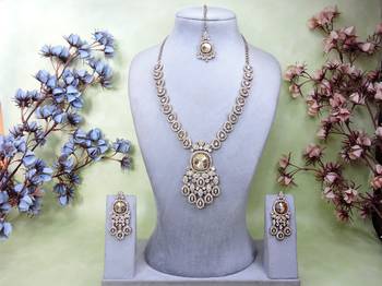 Gold yellow gold premium designer american diamond and stone work necklace set 1