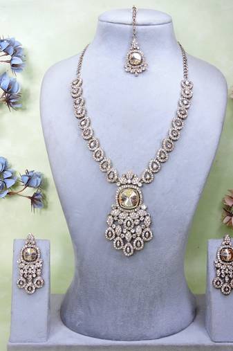 Gold yellow gold premium designer american diamond and stone work necklace set