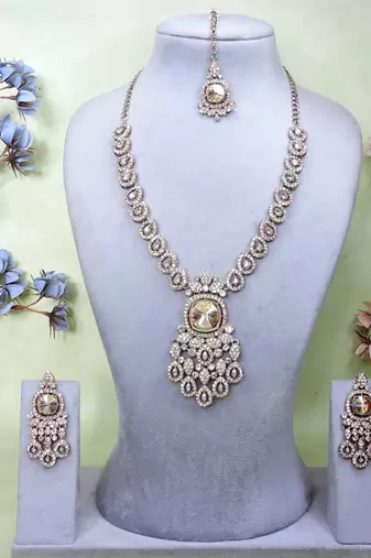 Gold yellow gold premium designer american diamond and stone work necklace set