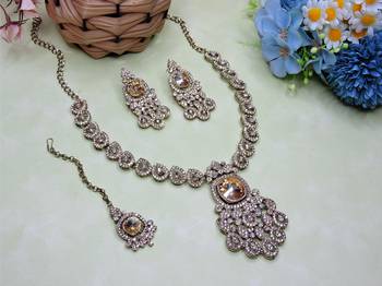 Gold yellow gold premium designer american diamond and stone work necklace set 2