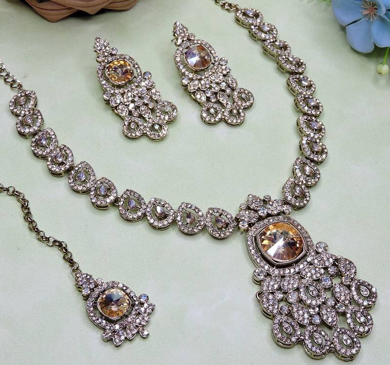 Gold yellow gold premium designer american diamond and stone work necklace set