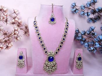 Blue yellow gold premium designer american diamond and stone work necklace set 1