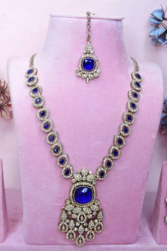 Blue yellow gold premium designer american diamond and stone work necklace set