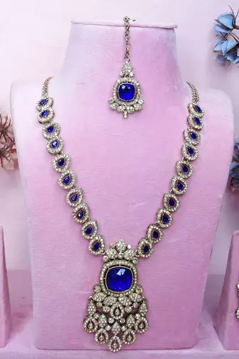 Blue yellow gold premium designer american diamond and stone work necklace set