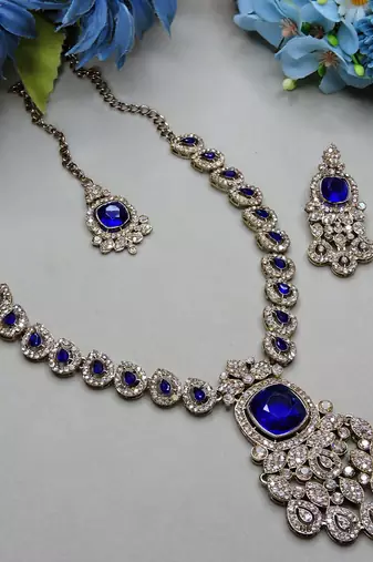 Blue yellow gold premium designer american diamond and stone work necklace set