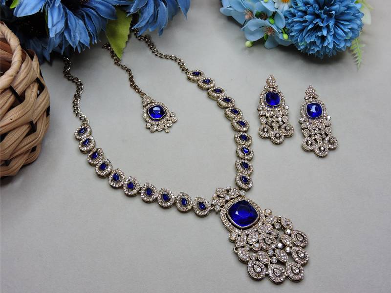 Blue yellow gold premium designer american diamond and stone work necklace set