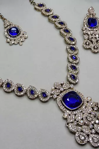 Blue yellow gold premium designer american diamond and stone work necklace set