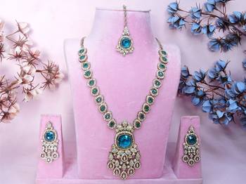 Green yellow gold premium designer american diamond and stone work necklace set 1