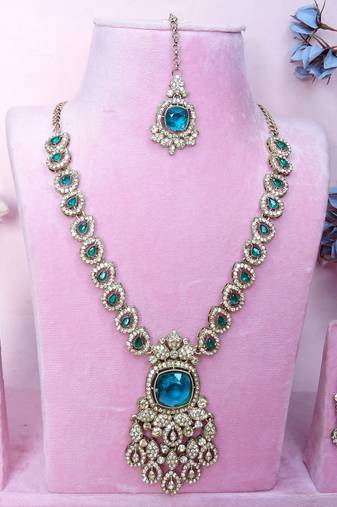 Green yellow gold premium designer american diamond and stone work necklace set