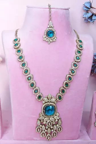 Green yellow gold premium designer american diamond and stone work necklace set