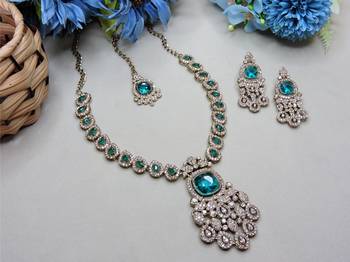 Green yellow gold premium designer american diamond and stone work necklace set 2