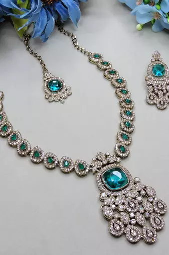Green yellow gold premium designer american diamond and stone work necklace set