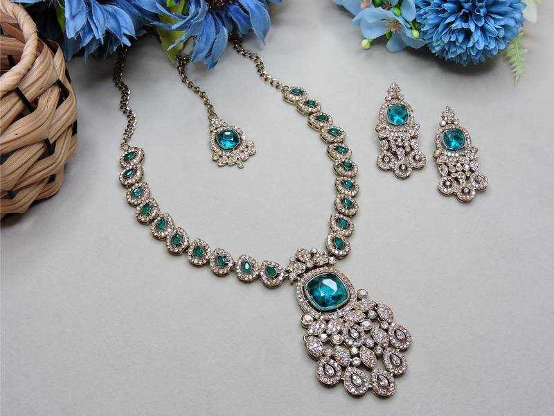 Green yellow gold premium designer american diamond and stone work necklace set