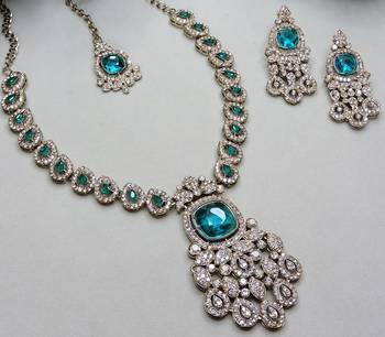 Green yellow gold premium designer american diamond and stone work necklace set 3