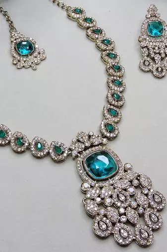 Green yellow gold premium designer american diamond and stone work necklace set