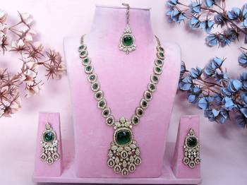 Green yellow gold premium designer american diamond and stone work necklace set 1