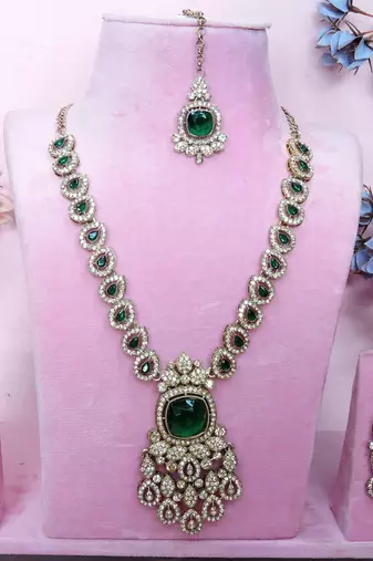 Green yellow gold premium designer american diamond and stone work necklace set