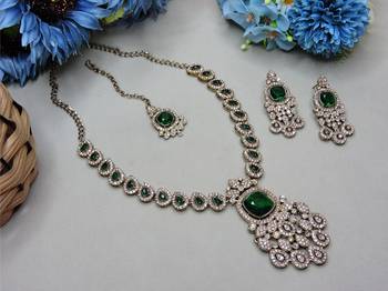 Green yellow gold premium designer american diamond and stone work necklace set 2