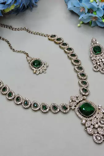 Green yellow gold premium designer american diamond and stone work necklace set