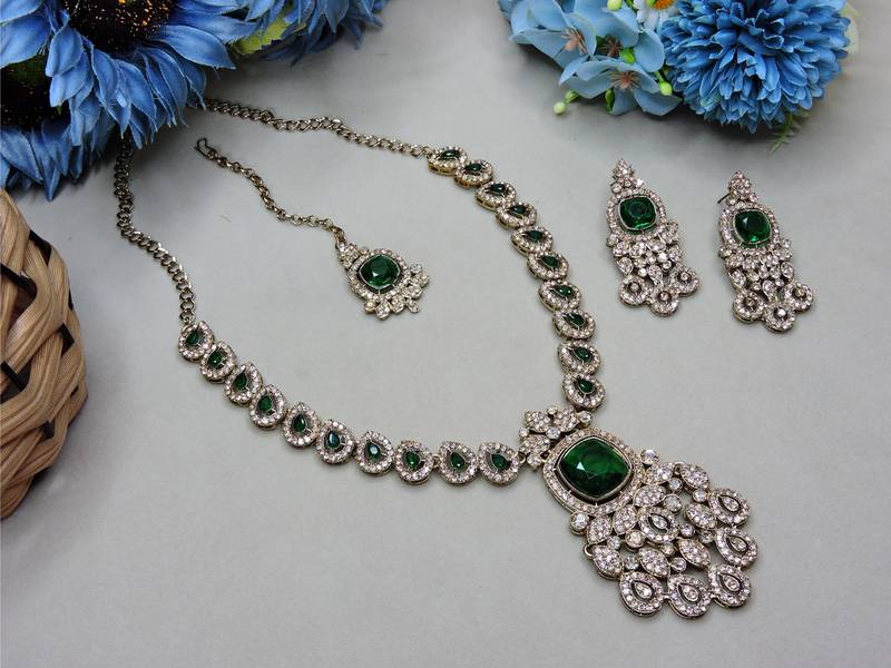 Green yellow gold premium designer american diamond and stone work necklace set
