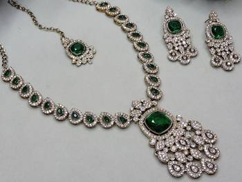 Green yellow gold premium designer american diamond and stone work necklace set 3