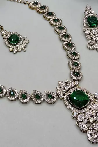 Green yellow gold premium designer american diamond and stone work necklace set