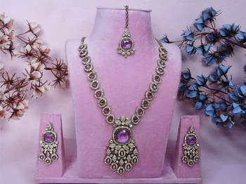 Purple yellow gold premium designer american diamond and stone work necklace set 1