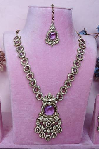 Purple yellow gold premium designer american diamond and stone work necklace set