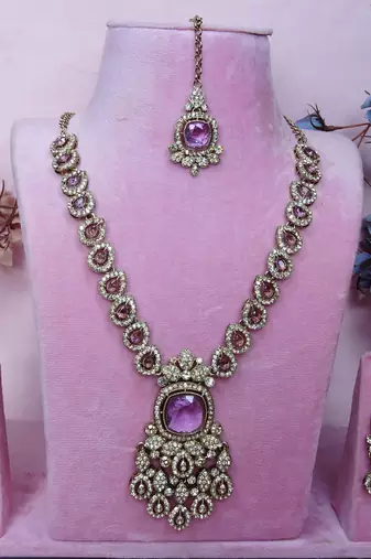 Purple yellow gold premium designer american diamond and stone work necklace set