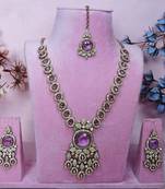 Purple yellow gold premium designer american diamond and stone work necklace set