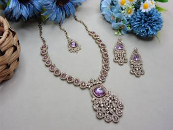 Purple yellow gold premium designer american diamond and stone work necklace set 2