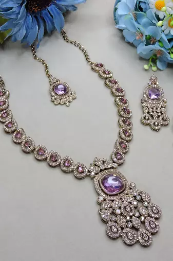 Purple yellow gold premium designer american diamond and stone work necklace set