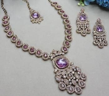 Purple yellow gold premium designer american diamond and stone work necklace set 3