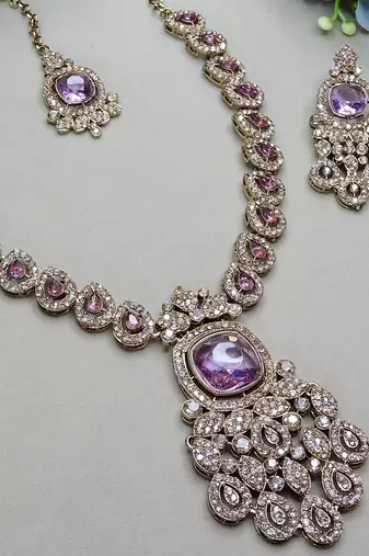 Purple yellow gold premium designer american diamond and stone work necklace set