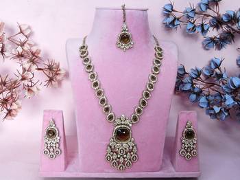 Green yellow gold premium designer american diamond and stone work necklace set 1