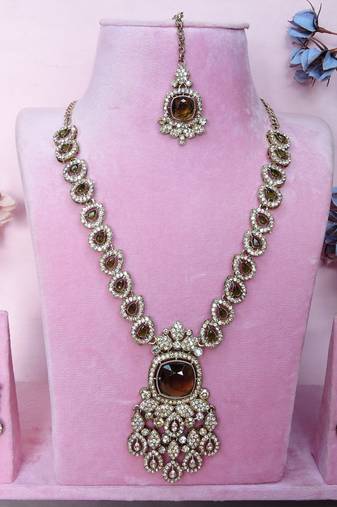 Green yellow gold premium designer american diamond and stone work necklace set