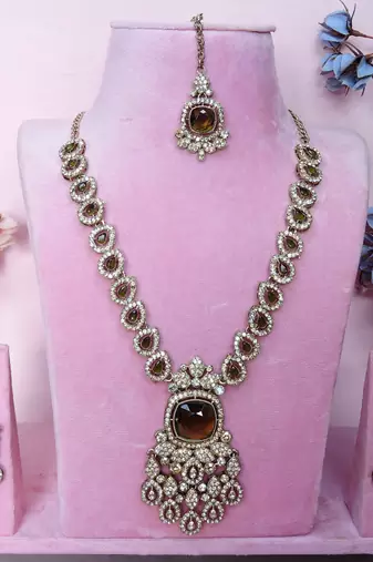 Green yellow gold premium designer american diamond and stone work necklace set